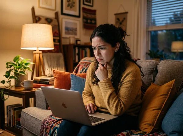 Persona con expresión de preocupación frente a laptop, ambiente cálido y hogareño