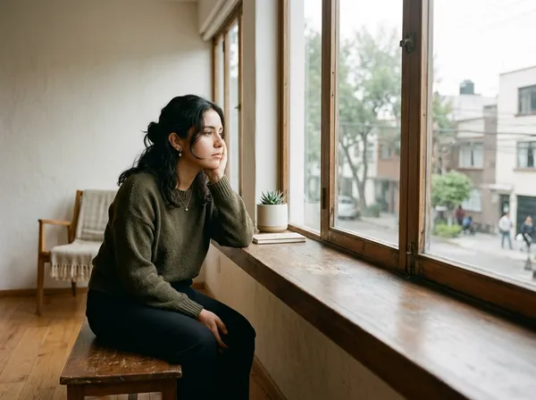 Persona pensativa mirando por la ventana en un ambiente tranquilo y con luz natural